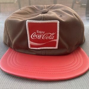 Vintage Coca-Cola Snapback Cap, Brown with Red Vinyl Leather Brim Hat Has Wear